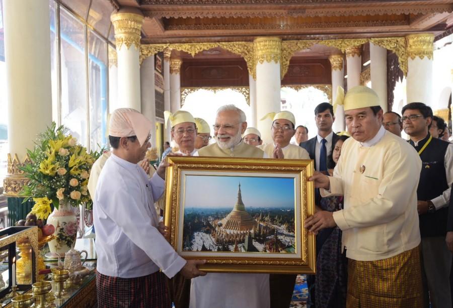 Prime Minister Narendra Modi visits the Shwedagon Pagoda, in Yangon, Myanmar on Sept 07, 2017. Narendra Modi,Narendra Modi visits the Shwedagon Pagoda,Shwedagon Pagoda,Narendra Modi in Myanmar,Narendra Modi visits Myanmar,Modi visits Myanmar
