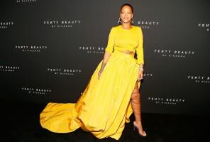 Rihanna,singer Rihanna,Braless Rihanna,Rihann strappy sandals,Rihann at Fenty NYFW beauty launch,Fenty NYFW beauty launch,NYFW beauty launch