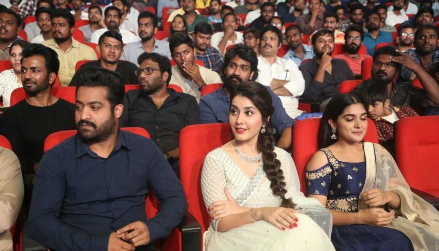 Actor Jr NTR, Raashi Khanna and Niveda Thomas at Jai Lava Kusa trailer launch. Jai Lava Kusa trailer launch,Jai Lava Kusa trailer,Jai Lava Kusa,Jr NTR,Raashi Khanna,Niveda Thomas,Devi Sri Prasad,Koratala Siva,Jai Lava Kusa trailer launch pics,Jai Lava Kusa trailer launch images,Jai Lava Kusa trailer launch stills,Jai Lava Kusa trail