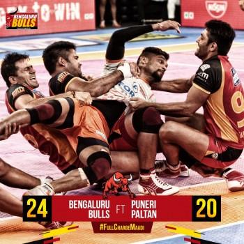 Bengaluru Bulls put up a stupendous defensive show as they snapped their six-match losing streak with a 24-20 victory over Puneri Paltan in an inter-zone clash of the Pro Kabaddi League (PKL) here on Sunday. Kuldeep Singh (five tackle points) marshalled the Bengaluru defence as they scored 15 tackle points and controlled Pune raiders. Bengaluru Bulls are now fourth in Zone B with 29 points from 13 matches. Puneri Paltan are also in the fourth spot in Zone A with 32 points from nine matches.