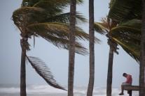 A man sits on a lifeguard tower as the wind blows in advance of Hurricane Irma in Hollywood, Florida.