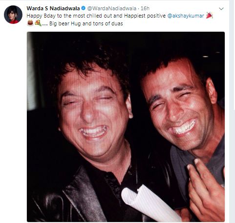 Akshay Kumar who turns 50 today has been showered with a lot of love and wishes from his fans and industry folks on social media. Wishing the actor on the 50th birthday was Sajid Nadiadwala's wife Warda who shared a throwback picture of the actor and her husband to mark the occasion. Sajid Nadiadwala and Akshay Kumar are known to be thick friends and neighbours in addition to being highly successful actor-producer jodi. Akshay Kumar's highest grosser till date is Sajid Nadiadwala's Housefull 3. Warda Nadiadwala gave a tribute to the 2 decades of relation shared by both the families by sharing an old picture of Akshay and Sajid Nadiadwala. Warda Nadiadwala,Akshay Kumar,Akshay Kumar birthday,Akshay Kumar birthday special,Akshay Kumar's 50th birthday