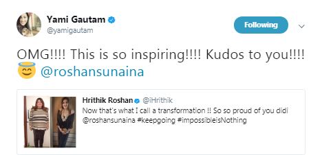 A couple of days ago, Hrithik Roshan had shared a photo of his sister’s unbelievable transformation captioning, "Now that’s what I call a transformation!! So so proud of you didi @roshansunaina #keepgoing #impossibleisNothing." Yami took to also took to Twitter sharing, "OMG!!!! This is so inspiring!!!! Kudos to you!!!! @roshansunaina". Yami Gautam recently reunited with her Kaabil co-star at a recent party and the actress also shared a picture with Hrithik with all smiles. Yami Gautam,Hrithik Roshan,Kaabil,Hrithik Roshan's sister