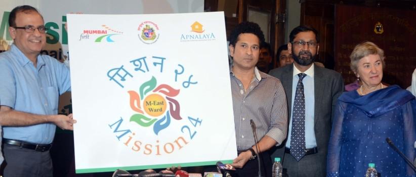 Former cricketer Sachin Tendulkar launches Mission 24 - a project supported by NGO Apnalaya and Municipal Corporation of Greater Mumbai (MCGM) in Mumbai.