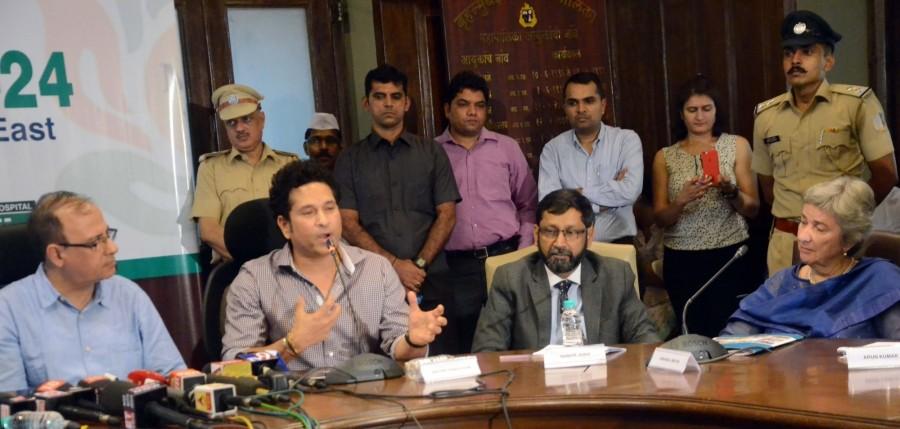 Former cricketer Sachin Tendulkar launches Mission 24 - a project supported by NGO Apnalaya and Municipal Corporation of Greater Mumbai (MCGM) in Mumbai on Sept 12, 2017. Sachin Tendulkar,Sachin,Sachin Tendulkar launches Mission 24,Sachin launches Mission 24,Mission 24,Former Indian cricketer Sachin Tendulkar