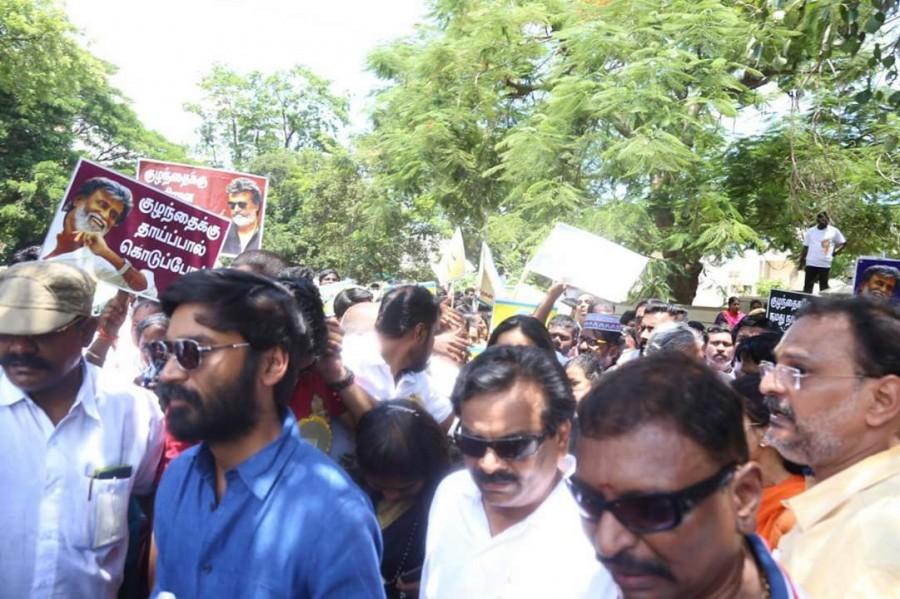 Actor Dhanush at Save Children protest at Shree Dayaa Foundations in Chennai. Dhanush and Latha Rajinikanth,Dhanush,Latha Rajinikanth,Save Children protest,Dhanush at Save Children protest,Save Children protest in Chennai