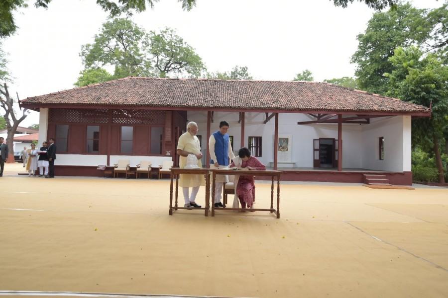 The two leaders and Akie Abe boarded an open jeep and proceeded from the airport to the historic Sabarmati Ashram with thousands of cheering people lining both sides of the eight-and-a-half km route. On Thursday, Modi and Abe will participate in the ground breaking ceremony of the ambitious Rs 1.08 lakh crore ($17 billion) Ahmedabad-Mumbai high-speed rail project at the Athletic Stadium near Sabarmati railway station. Narendra Modi,Shinzo Abe,Prime Minister Narendra Modi,Sabarmati Ashram,Mahatma Gandhi