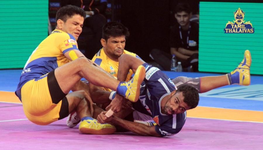 Ajay Thakur scored five points in the last minute to give Tamil Thalaivas a 34-33 morale-boosting victory over UP Yoddha in a Pro Kabaddi League (PKL) clash here on Wednesday. It was just the second victory of the campaign for Thalaivas and UP Yoddha were left to rue their errors. Thalaivas were second best for most of the match but came up the goods at critical moments of the match. Nitin Tomar scored 14 points for UP Yoddha but his effort went in vain. Tamil Thalaivas remain rooted at the bottom of Zone B table with 21 points from 10 games. UP Yoddha are second with 37 points from 14 games. Pro Kabaddi 2017,Pro Kabaddi,Tamil Thalaivas pip UP Yoddha,Tamil Thalaivas,UP Yoddha,PKL,PKL 2017