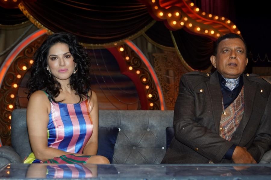Actress Sunny Leone with Actor Mithun Chakraborty on the sets of television show "The Drama Company" in Mumbai. Sunny Leone,Mithun Chakraborty,Sunny Leone and Mithun Chakraborty,Sunny Leone Drama Company,Sunny Leone on Drama Company,Sunny Leone visits Drama Company