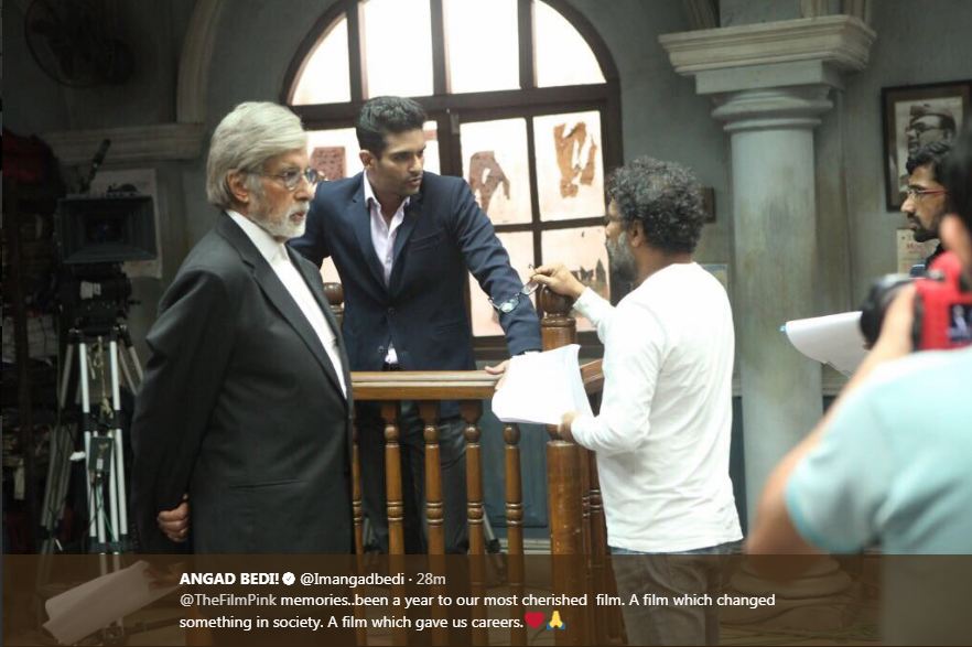 The 2016 Indian courtroom drama social thriller film- Pink completed one glorious year on September 16th. It starred Amitabh Bachchan, Taapsee Pannu, Kirti Kulhari, Angad Bedi, Andrea Tariang, Piyush Mishra, and Dhritiman Chatterjee. Angad Bedi,Amitabh Bachchan,Taapsee Pannu,Kirti Kulhari,PINK
