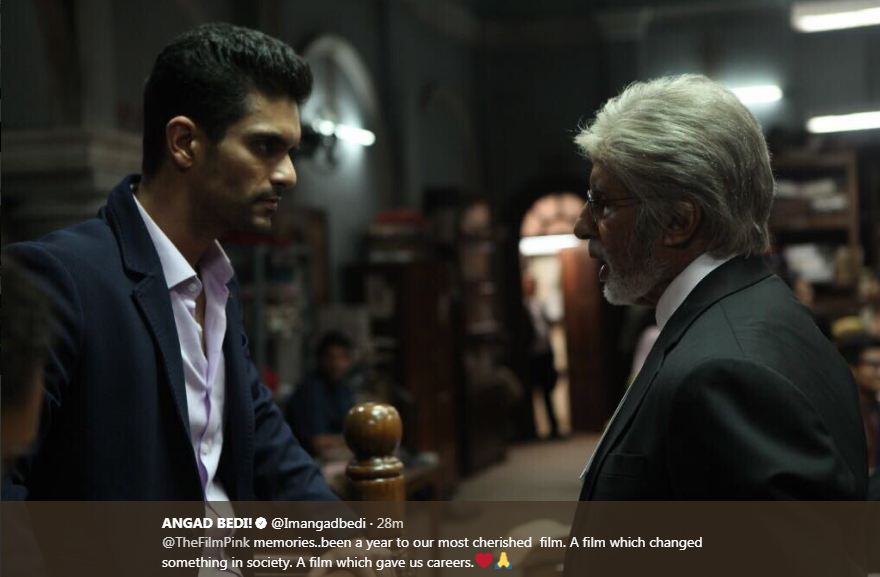 Today the movie completed one year and to commemorate this day, Angad Bedi posted a few throwback pictures on his social media along with Mr Bachchan, the PINK girls- Taapsee, Kirti and Andrea and also with the director of the movie Shoojit Sircar. Angad Bedi,Amitabh Bachchan,Taapsee Pannu,Kirti Kulhari,PINK