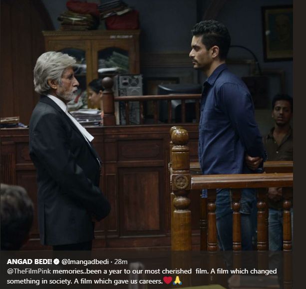 Here is what he wrote: " memories..been a year to our most cherished film. A film which changed something in society. A film which gave us careers." Angad Bedi,Amitabh Bachchan,Taapsee Pannu,Kirti Kulhari,PINK