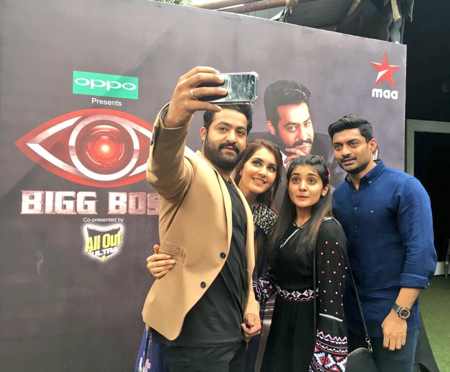 Jai Lava Kusa team at Bigg Boss Telugu for movie promotions. Raashi Khanna,Nivetha Thomas,Jai Lava Kusa,Jai Lava Kusa team,Jai Lava Kusa team in Bigg Boss Telugu,Bigg Boss Telugu,Jr.Ntr,Junior Ntr