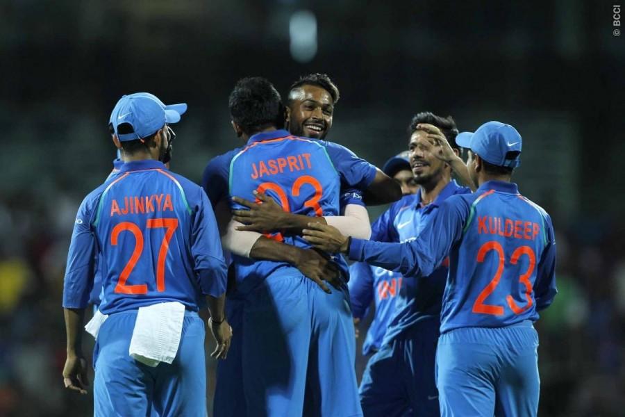 India rode on MS Dhoni and Hardik Pandya's all-round brilliance to thrash Australia by 26 runs by Duckworth-Lewis method in a rain-truncated opener of the five-match One-day International series at the M.A. Chidambaram Stadium here on Sunday. After guiding India to safety with a career-best 83 off 66 balls, the 23-year-old Pandya starred with the ball, picking the key wickets of Australia skipper Steve Smith (1) and Travis Head (5) to enable the hosts go 1-0 up in the series. Chasing a revised target of 164 from 21 overs after a spell of heavy showers truncated play, Australia were reduced to 29/3 with debutant opener Hilton Cartwright (1), Smith and Head back in the pavilion. Such was India's domination in the second innings of the match that only three of the visiting batsmen could manage to reach double-figures and Australia were restricted to 137/9. MS Dhoni,Hardik Pandya,India vs Australia 1st ODI,India vs Australia,india vs australia 2017,Duckworth-Lewis method,India beats Australia