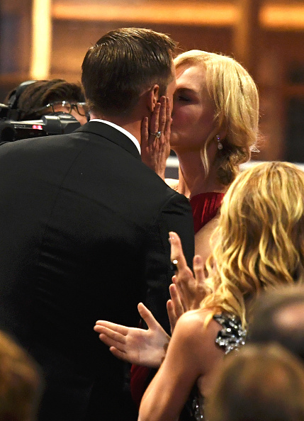 Actor Alexander Skarsgard accepts Outstanding Supporting Actor in a Limited Series or Movie for 'Big Little Lies' with actor Nicole Kidman onstage during the 69th Annual Primetime Emmy Awards at Microsoft Theater on September 17, 2017 in Los Angeles, California. Nicole Kidman and Alexander Skarsgard,Nicole Kidman,Alexander Skarsgard,Nicole Kidman and Alexander Skarsgard kiss,Nicole Kidman kisses Alexander Skarsgard,Emmy Awards 2017,Emmy Awards
