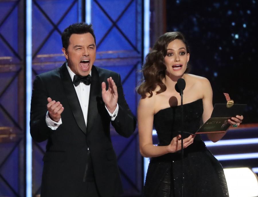 Seth MacFarlene and Emmy Rossum present the award for Outstanding Writing for a Limited Series or Movie. Emmy Awards,Emmy Awards 2017,69th Primetime Emmy Awards,10 Best Moments from Emmys 2017,Best Moments from Emmys 2017,Best Moments from Emmys