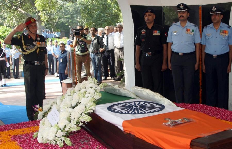 Earlier, the mortal remains of the Marshal was taken out in a gun carriage from his 7, Kautilya Marg residence. The body was wrapped in the national flag. The carriage was decorated with marigold flowers. Singh's last journey of 8 km to Brar Square here was accompanied with an Air Force band. India bids to Arjan Singh,Air Force Marshal Arjan Singh state funeral,IAF Arjan Singh funeral,Indian Air Force Arjan Singh,Arjan Singh funeral