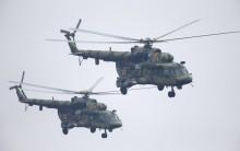 Belarussian Mi-8 helicopters fly in formation during the Zapad-2017 war games.