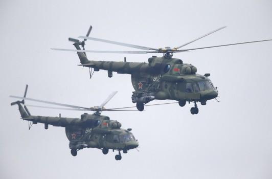 Belarussian Mi-8 helicopters fly in formation during the Zapad-2017 war games.