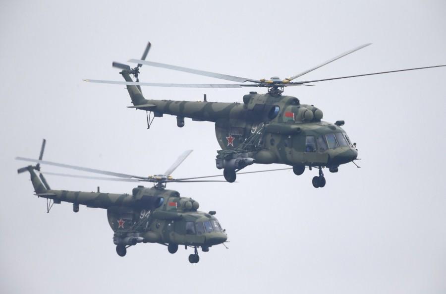 Belarussian Mi-8 helicopters fly in formation during the Zapad-2017 war games. Russian war games,Russian war,Russia’s biggest war games,Russian war games rattle West,Mi-8 helicopter,Vladimir Putin