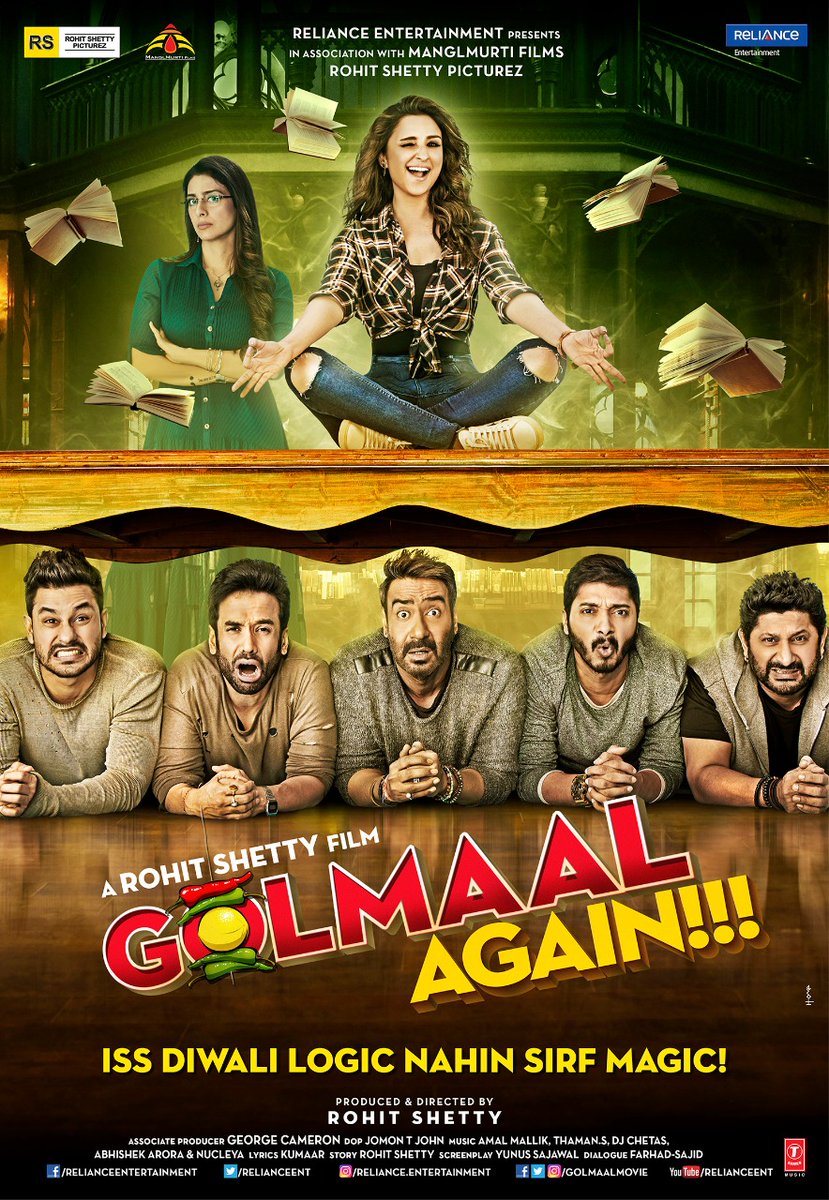 The film's soundtrack album were composed by Amaal Mallik, S. Thaman, DJ Chetas, Abhishek Arora and Nucleya. Ajay Devgn,Parineeti Chopra,Arshad Warsi,Tusshar Kapoor,Tabu,Prakash Raj,Shreyas Talpade,Kunal Khemu,Golmaal Again,Golmaal Again first look poster,Golmaal Again first look,Golmaal Again poster