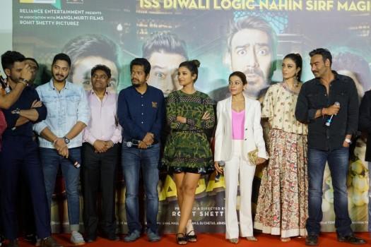 Actors Ajay Devgan, Parineeti Chopra, Johnny Lever, Arshad Warsi, Tusshar Kapoor, Kunal Khemu, Johnny Lever, Shreyas Talpade and Director Rohit Shetty during the trailer launch of their upcoming film 