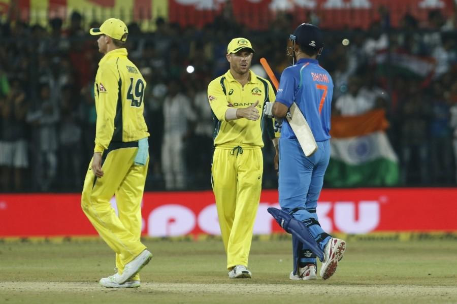 India rode on a strong batting performance to defeat Australia by five wickets in the third One-Day International (ODI) and clinch the five-match series at the Holkar Stadium here on Sunday. Chasing a target of 294 runs, India crossed the line in 47.5 overs to take an unassailable 3-0 lead in the series. With this win, India skipper Virat Kohli equalled predecessor Mahendra Singh Dhoni's record run of nine ODI wins on the trot. Dhoni's winning streak as captain stretched from February 2008 to January 2009. Kohli's winning run started on July 26 this year. Openers Rohit Sharma and Ajinkya Rahane gave India a fine start with a partnership of 139 runs. Rohit scored 71 runs off 62 balls. The Mumbai batsman was in fine form, smashing the ball four times into the stands and six times to the ropes. This was his 33rd half-century in ODI cricket. Rahane hit nine boundaries while scoring 70 runs off 76 balls. Later, Hardik Pandya produced a power-packed knock lower down the order to carry the hosts to the cusp of victory. The Baroda all-rounder top scored for the hosts with 78 runs off 72 deliveries, hitting five boundaries and four sixes along the way. India beat Australia,India beat Australia by 5 wickets,India vs Australia,India vs Australia 2017