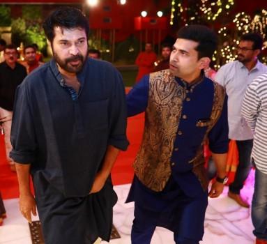 Mammootty and Ramesh Kalyanaraman Executive Director Kalyan Jewellers during the celebration of Navratri at the Kalyan Jeweller family.