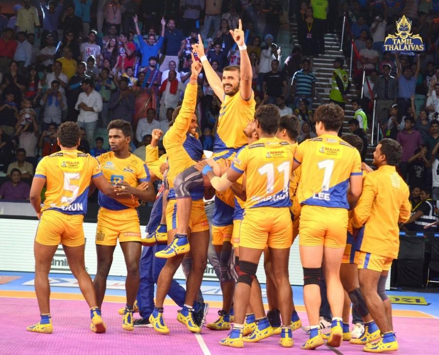 Till the last couple of minutes, Thalaivas didn't look like winning the match but Thakur scored three raid points in the last minute to lead his team to victory. Thakur ended with 13 points and was supported by Prapanjan who contributed nine points. Sachin scored 11 points for Gujarat. Gujarat are top of the table in Zone A with 61 points from 16 matches while Thalaivas are bottom of the table in Zone B with 28 points from 13 matches. The first few minutes of the match saw teams exchanging raid and tackle points. Prapanjan's super raid in the fourth minute gave the Thalaivas a 5-3 lead. Pro Kabaddi League 2017,Pro Kabaddi League,Ajay Thakur,Tamil Thalaivas stun Gujarat Fortunegiants,Tamil Thalaivas,Gujarat Fortunegiants,Tamil Thalaivas beats Gujarat Fortunegiants