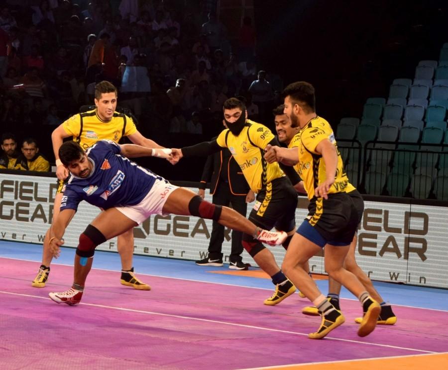 Abolfazl Maghsodlou scored seven points in a poor effort from Dabang Delhi. Dabang Delhi are bottom of the table in Zone A with 31 points from 18 matches. Telugu Titans are fourth in Zone B with 43 points from 19 matches. Pro Kabaddi League 2017,Telugu Titans crush Dabang Delhi,Telugu Titans beats Dabang Delhi,Telugu Titans,Dabang Delhi,Pro Kabaddi League