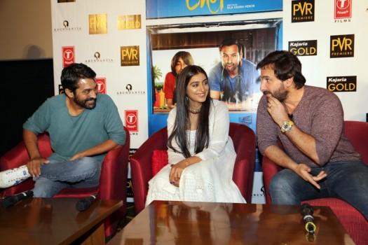 Actors Saif Ali Khan and Padmapriya Janakiraman along with Director Raja Krishna Menon during the promotions of their upcoming film 