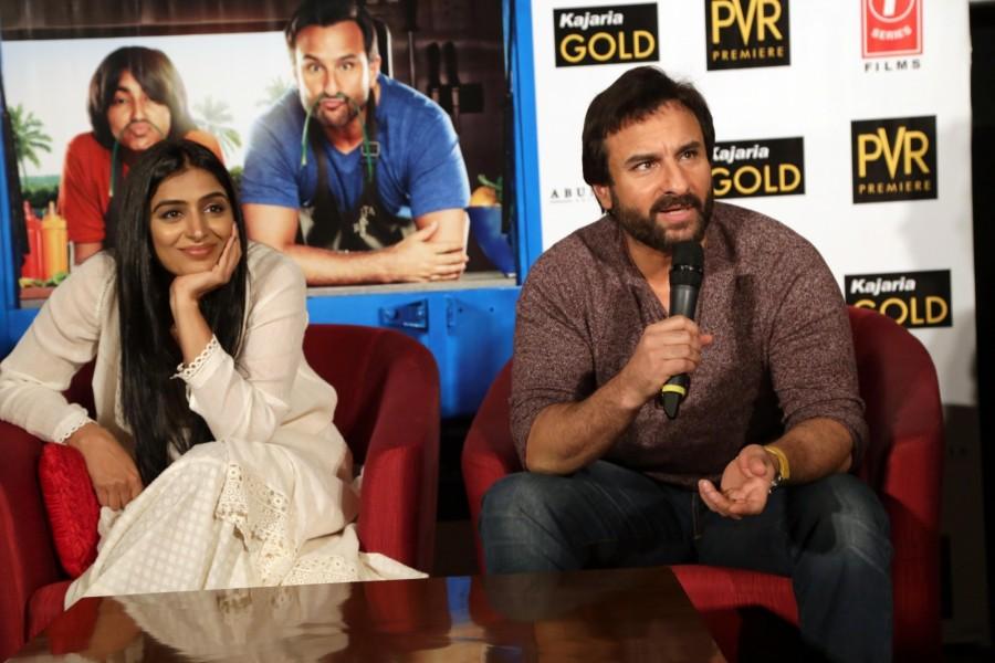 Actors Saif Ali Khan and Padmapriya Janakiraman during the promotions of their upcoming film "Chef" in New Delhi on Sept 28. 2017. Saif Ali Khan,Padmapriya Janakiraman,Raja Krishna Menon,Chef,Chef promotion,Chef movie promotion