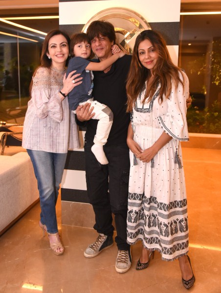 Nita Ambani at Gauri Khan's design store with Shah Rukh Khan and AbRam. Nita Ambani,Gauri Khan's design store,Shah Rukh Khan and AbRam,Shah Rukh Khan,AbRam,Shah Rukh Khan with AbRam