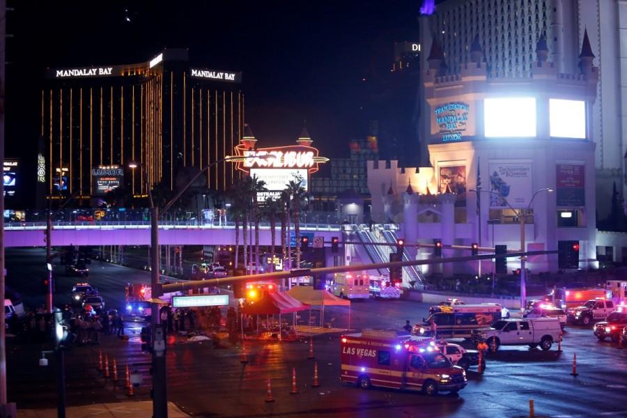 Las Vegas Metro Police and medical workers stage in the intersection of Tropicana Avenue and Las Vegas Boulevard South. Las Vegas,Las Vegas shooting,Las Vegas Deadly Shooting,Deadly Shooting Las Vegas