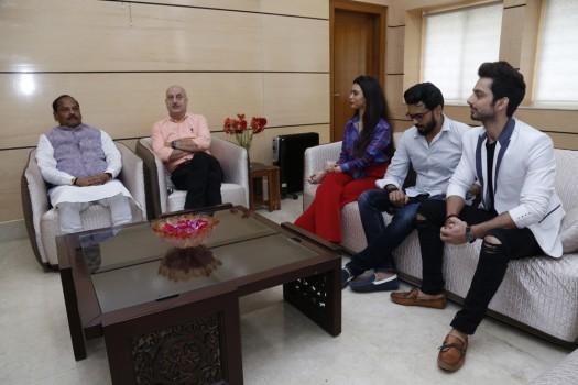 Actor Anupam Kher along with the team of his forthcoming production venture 