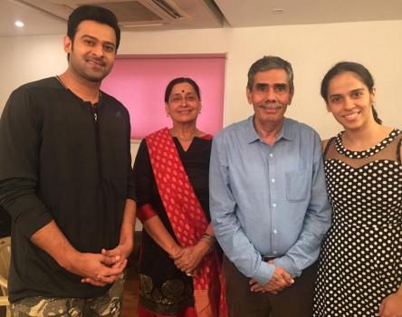 Indian Badminton Player Saina Nehwal along with her family with actor Prabhas on the sets of Saaho.