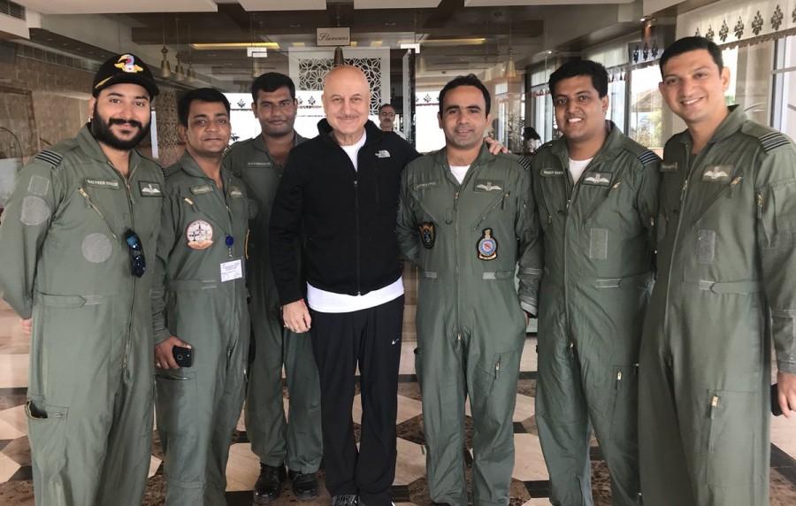 Veteran actor Anupam Kher says he felt delighted to meet Air Force officers in Kasauli. Anupam on Sunday morning tweeted a photograph of himself along with the officers, and captioned it: "Delighted and proud to meet these young Air Force officers on Air Force Day (October 8) in Kasauli. We are here because of them." Anupam Kher,actor Anupam Kher,Anupam Kher meets Air Force officers,Air Force officers