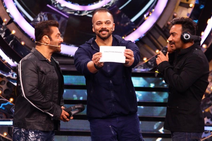 Salman Khan, Rohit Shetty and Ajay Devgan in Bigg Boss 11. Ajay Devgn,Tabu,Rohit Shetty,Shreyas Talpade,Parineeti Chopra,Kunal Khemu and Tushar Kapoor,Golmaal Again Team,Weekand ka Vaar,Bigg Boss 11