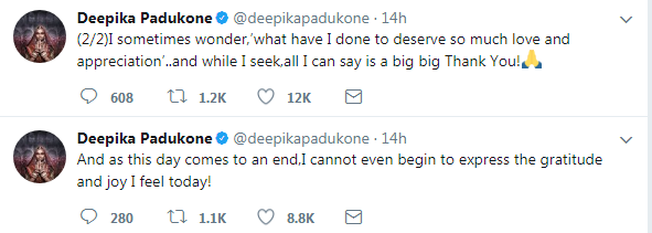 The actress expressed her gratitude saying, "And as this day comes to an end,I cannot even begin to express the gratitude and joy I feel today!". She further added, "I sometimes wonder,’what have I done to deserve so much love and appreciation’..and while I seek,all I can say is a big big Thank You!". Deepika Padukone also took to her Instagram story and added a picture of celebrating it with deserts for the massive response garnered on her trailer. Deepika Padukone,Padmavati trailer,Padmavati,Padmavati trailer responce,Actress Deepika Padukone,Rani Padmini,Raja Rawal Ratan Singh
