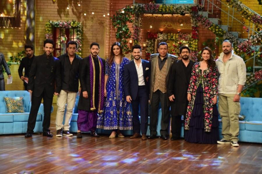 Actors Ajay Devgan, Tusshar Kapoor, Shreyas Talpade, Tabu, Kunal Khemu, Arshad Warsi, Parineeti Chopra and Director Rohit Shetty with Mithun Chakraborty during the promotion of upcoming film "Golmaal Again" on the sets of television show "The Drama Company". Ajay Devgan,Tusshar Kapoor,Shreyas Talpade,Tabu,Kunal Khemu,Arshad Warsi,Parineeti Chopra Rohit Shetty,Golmaal Again,Golmaal Again promotion,Golmaal Again movie promotion,The Drama Company sets,The Drama Company