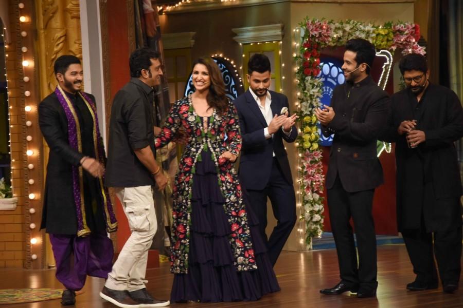 Celebs like Ajay Devgan, Tusshar Kapoor, Shreyas Talpade, Tabu, Kunal Khemu, Arshad Warsi, Parineeti Chopra and Director Rohit Shetty with Mithun Chakraborty during the promotion of upcoming film "Golmaal Again" on the sets of television show "The Drama Company". Ajay Devgan,Tusshar Kapoor,Shreyas Talpade,Tabu,Kunal Khemu,Arshad Warsi,Parineeti Chopra Rohit Shetty,Golmaal Again,Golmaal Again promotion,Golmaal Again movie promotion,The Drama Company sets,The Drama Company
