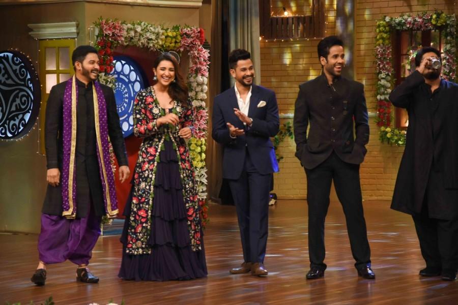 Celebs like Ajay Devgan, Tusshar Kapoor, Shreyas Talpade, Tabu, Kunal Khemu, Arshad Warsi, Parineeti Chopra and Director Rohit Shetty with Mithun Chakraborty during the promotion of upcoming film "Golmaal Again" on the sets of television show "The Drama Company" in Mumbai on 9th Oct. Ajay Devgan,Tusshar Kapoor,Shreyas Talpade,Tabu,Kunal Khemu,Arshad Warsi,Parineeti Chopra Rohit Shetty,Golmaal Again,Golmaal Again promotion,Golmaal Again movie promotion,The Drama Company sets,The Drama Company
