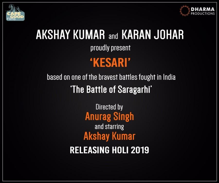 Actor Akshay Kumar and filmmaker Karan Johar have joined hands for an upcoming film "Kesari", based on the battle of Saragarhi, which is scheduled to hit the screens during Holi 2019. Karan on Tuesday announced the news on Twitter. He shared a poster which read: "Akshay Kumar and Karan Johar proudly present 'Kesari' based on one of the bravest battles fought in India 'The Battle Of Saragarhi'. Directed by Anurag Singh starring Akshay Kumar. Releasing Holi 2019." "Extremely excited to see this exceptional and brave story unfold! Akshay Kumar, 'Kesari'. Holi 2019," the filmmaker captioned the image. Akshay too, shared the same poster and tweeted that he is "personally and emotionally" excited about this film. Akshay Kumar,Karan Johar,Akshay Kumar and Karan Johar,Kesari,Kesari movie,Saragarhi,Holi 2019