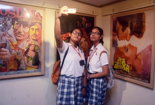 Students during an exhibition organsied on Amitabh Bachchan's 75th birthday in Kolkata.