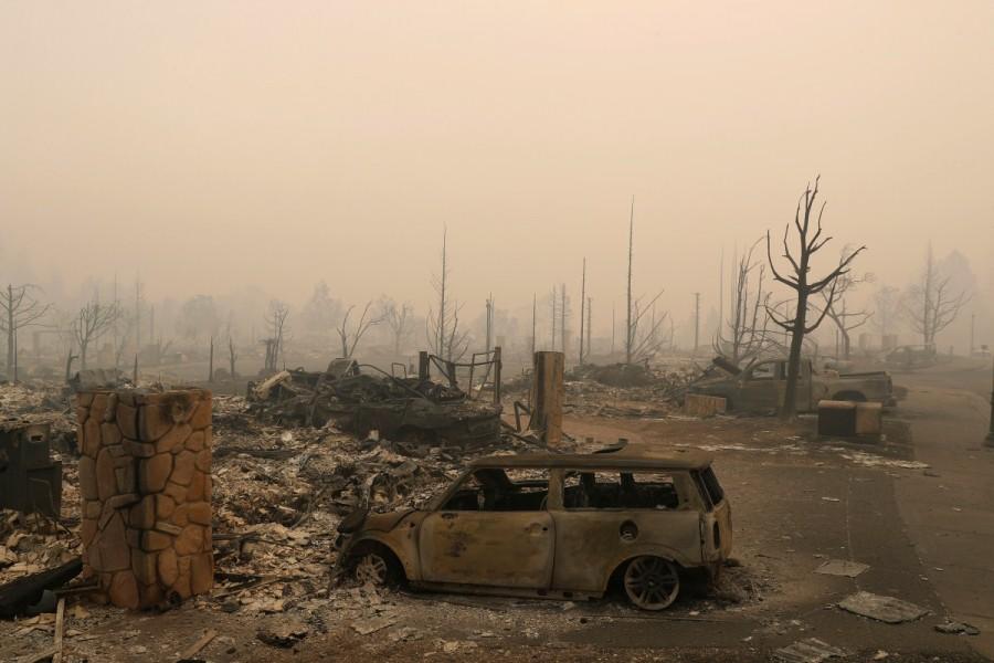 A residential neighborhood destroyed by the Tubbs Fire is seen along Fountaingrove Parkway in Santa Rosa. California,California landscape,Tubbs Fire,Sonoma and Napa counties