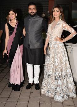 Raj Kundra arrives with Shamita and Shilpa Shetty spotted at Arpita Khan's Diwali party.
