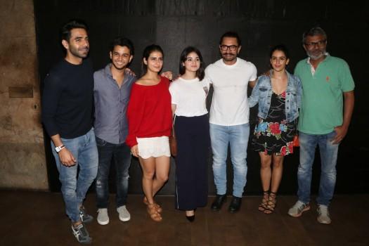 Aparshakti Khurana, Fatima Sana Shaikh, Zaira Wasim, Aamir Khan, Sanya Malhotra, Nitesh Tiwari at Secret Superstar special screening.