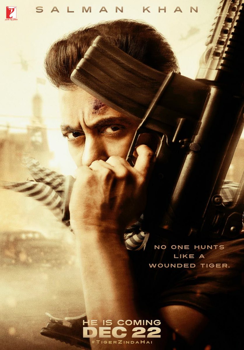 The superstar, who was praised for his action avatar in the 2012 film "Ek Tha Tiger", flaunts a revengeful demeanour in the first look of upcoming spy thriller film "Tiger Zinda Hai". The look was revealed by Salman on Twitter on Wednesday, a day before Diwali. In the image, Salman can be seen with a bruised forehead, while he holds up a gun and stares into the viewers' eyes. "No one hunts like a wounded tiger," reads the poster. Salman tweeted: "Diwali gift.... pasand aaya? Ab Christmas pe milna... 'Tiger Zinda Hai'." Salman Khan,actor Salman Khan,Tiger Zinda Hai first look poster,Tiger Zinda Hai first look,Tiger Zinda Hai poster,Tiger Zinda Hai movie poster,Salman Khan's Diwali gift