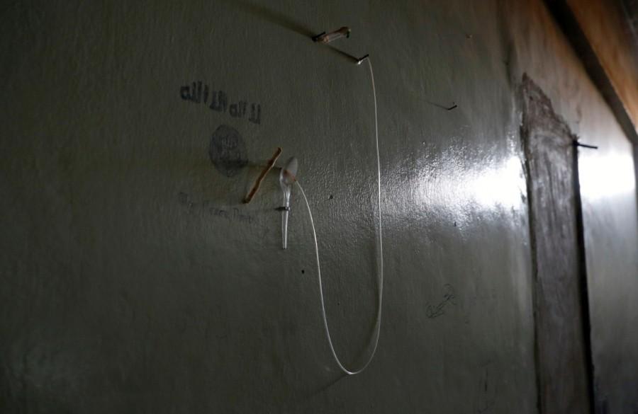 An IV hose is pictured at a makeshift hospital of Islamic State militants under the stadium in Raqqa, Syria October 18, 2017. Islamic State bunker,Islamic State,Raqqa,Syrian Democratic Forces,Syrian Democratic Forces (SDF),Islamic State militants