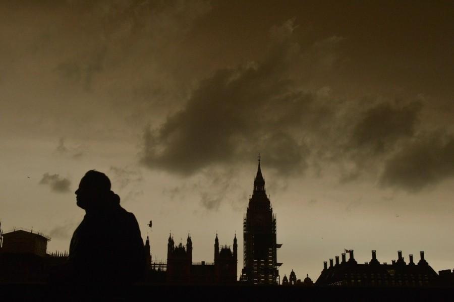 The sky over Westminster turns orange as storm Ophelia brings dust from the Sahara, filtering the light over London. Ophelia turns London sky red,London sky red,London sky,Ophelia filters sunlight